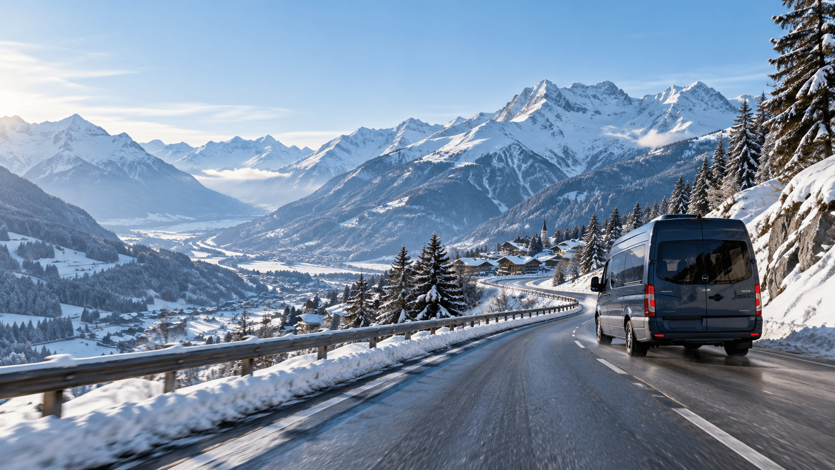 Shuttle travelling through a snowy Alpine valley